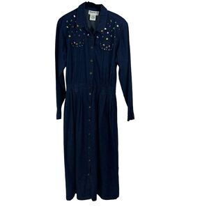Max Z Denim Western Dress Rhinestones Studded‎ Maxi Vintage Pleated Sz 12